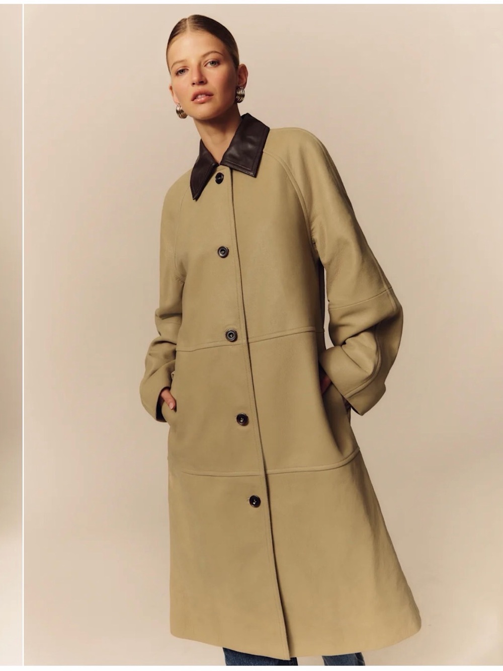 REFORMATION/VEDA Classic LEATHER Tan Long Coat with Dark Collar - Women's Jacket